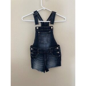 TR Bentley Girls‎ Denim Overalls Dark Wash Distressed Frayed Shortalls (A652)